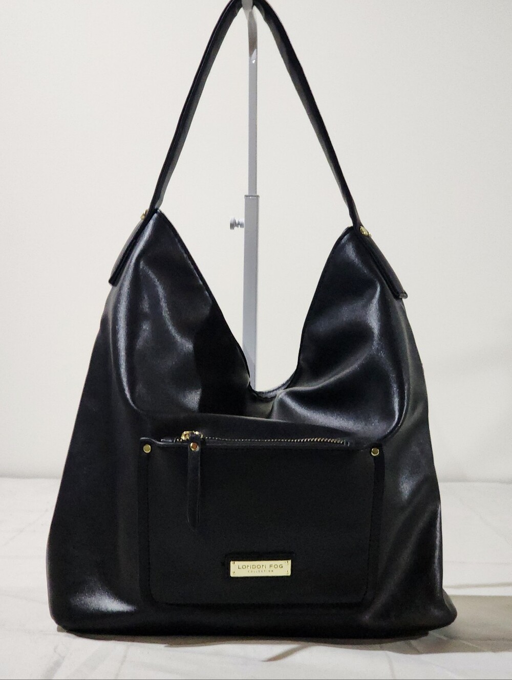 London Fog Black Faux Leather Hobo Shoulder Bag